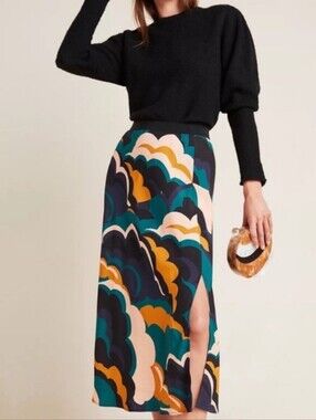 Corey Lynn Calter Teal Black And Mustard Abstract Midi Skirt